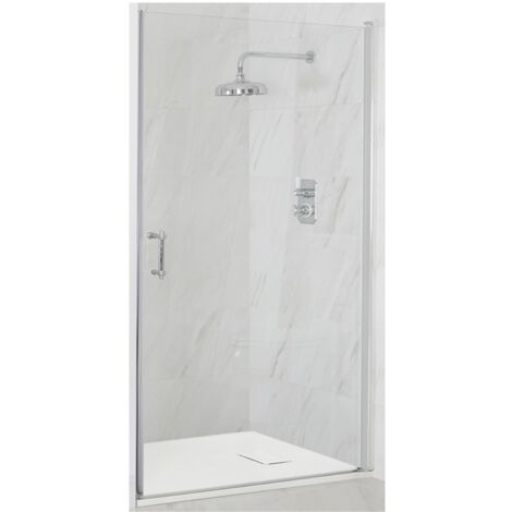 Milano Langley Chrome Wet Room Walk In Hinged Door Frameless Shower Enclosure with White Slate Effect Tray and Fast Flow Waste - 700mm x 1100mm (1/5)