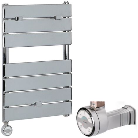 Milano Lustro Electric Modern Chrome Flat Panel Heated Towel Rail  Radiator with Thermostatic Heating Element and Cable Cover 620mm x 450mm