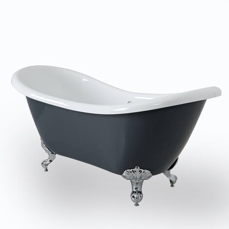 Milano Hest - Stone Grey - 1750mm x 730mm Traditional Bathroom Double Ended Freestanding Slipper Bath with Feet - Chrome Feet