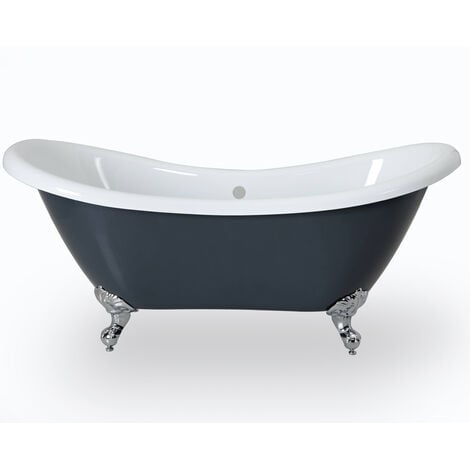 Milano Hest - Stone Grey - 1750mm x 730mm Traditional Bathroom Double Ended Freestanding Slipper Bath with Feet - Chrome Feet