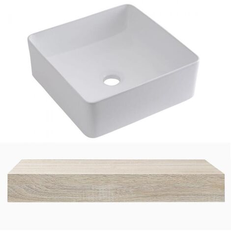 Milano Lurus - Modern 600mm Wall Mounted Bathroom Floating Shelf and Square Countertop Basin Sink - Oak