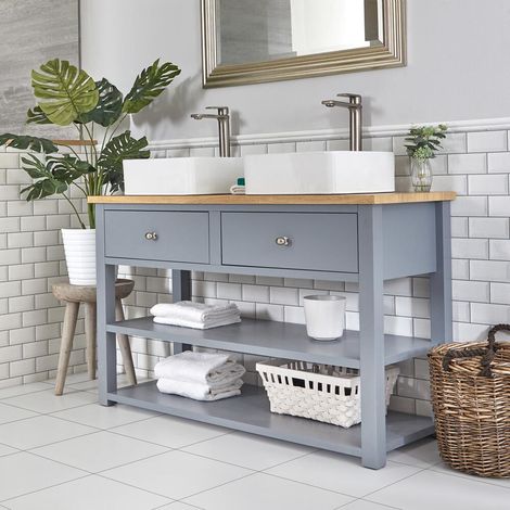 Milano Henley - Light Grey and Oak 1240mm Traditional Bathroom Cloakroom Vanity Unit with Two Square Countertop Basins