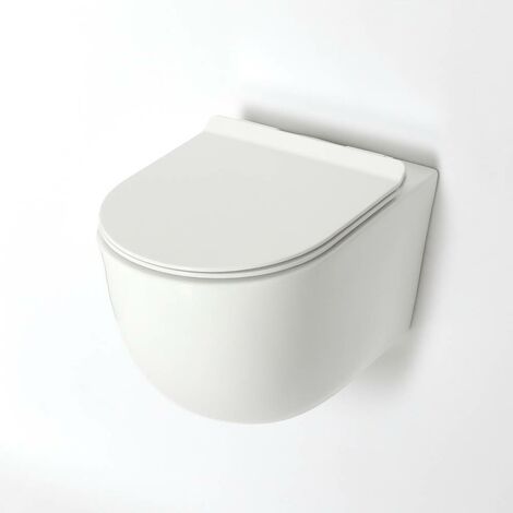 Milano Overton - White Ceramic Modern Bathroom Wall Hung Round Rimless Toilet WC with Soft Close Seat