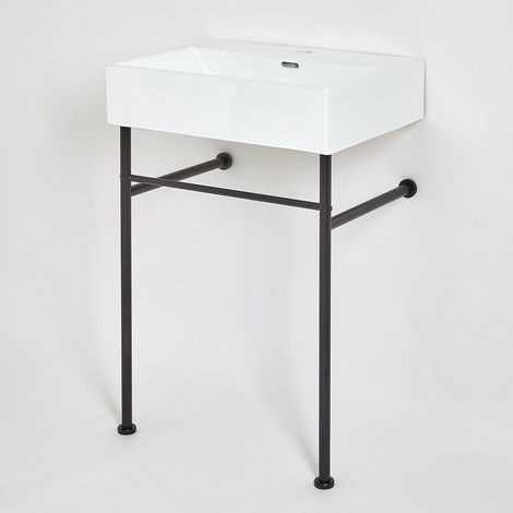 Milano Elswick - Modern White Ceramic Bathroom Basin Sink with One Tap Hole and Black Washstand - 600mm x 420mm