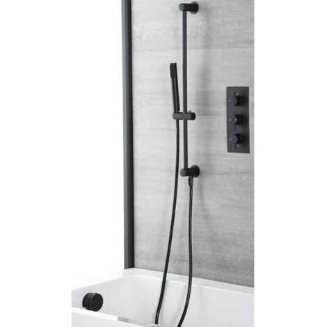 Milano Nero - Modern 2 Outlet Triple Thermostatic Mixer Shower Valve with Hand Shower Handset Slide Riser Rail Kit and Overflow Bath Filler Tap - Black