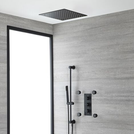 Milano Nero - Modern 3 Outlet Triple Diverter Thermostatic Mixer Shower Valve with Ceiling Mounted Recessed Rainfall Shower Head&#44; Hand Shower Handset Slide Riser Rail Kit and Body Jets - Black