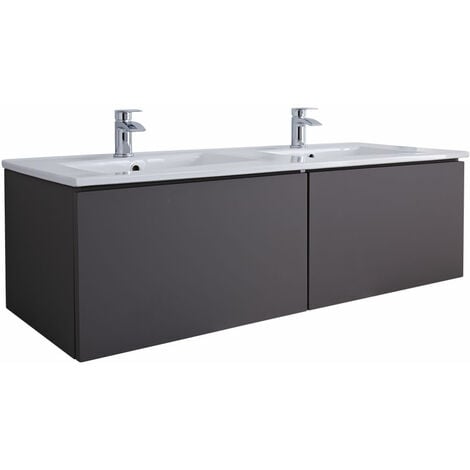Milano Oxley - Grey 1210mm Wall Hung Bathroom Vanity Unit with Double Basin - With LED Light