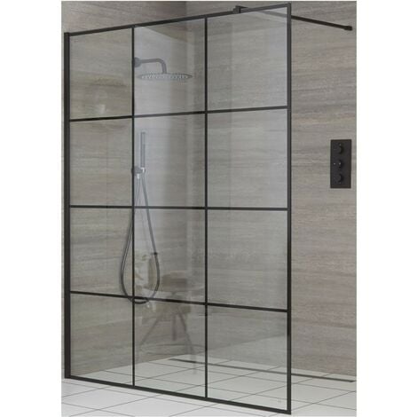 Milano Barq - 1400mm Recessed Walk In Wet Room Shower Enclosure with Grid Pattern Screen and Support Arm - Black