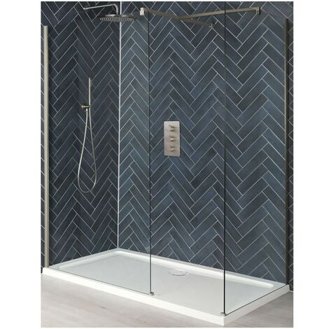Milano Hunston Brushed Nickel Corner Walk In Wet Room Shower Enclosure with Screens Support Arms and White Tray - 1400mm x 800mm (1/5)