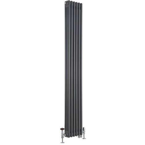 Milano Windsor - Traditional Cast Iron Style Anthracite Vertical Triple Column Dual Fuel Electric Radiator with Chrome Angled Thermostatic Valves - 1800mm x 290mm