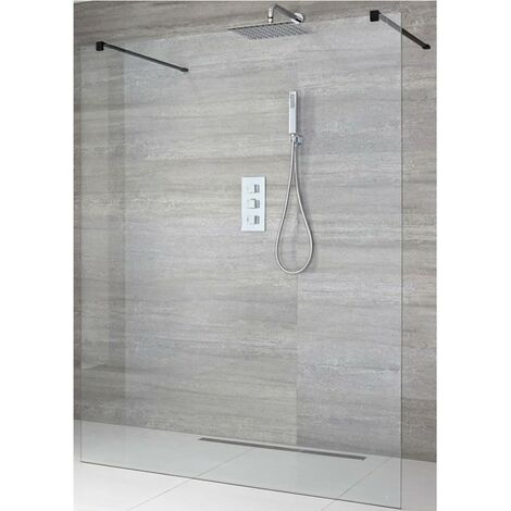 Milano Nero - 1000mm Black Floating Glass Walk In Wet Room Shower Enclosure with Screen and Support Arms - 250mm Tile Insert Corner Shower Drain