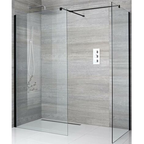Milano Nero Black Corner Walk In Wet Room Shower Enclosure with 800mm & 700mm Screens and Support Arms - No Shower Drain (1/3)