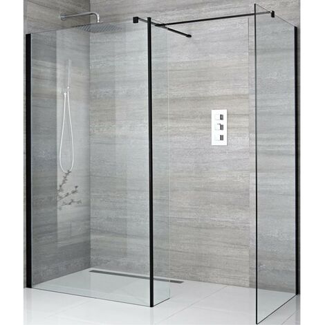 Milano Nero - Black Corner Walk In Wet Room Shower Enclosure with Two 700mm Screens&44 Return Panel and Support Arms - 400mm Tile Insert Shower Drain (1/5)