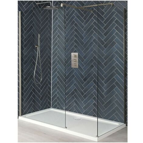 Milano Hunston - Corner Walk In Wet Room Shower Enclosure with Screens&#44; Support Arms and 1200mm x 800mm White Tray - Brushed Nickel