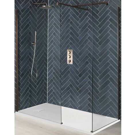 Milano Vara - Corner Walk In Wet Room Shower Enclosure with Screens&#44; Support Arms and 1200mm x 800mm White Slate Effect Tray - Mattee Copper