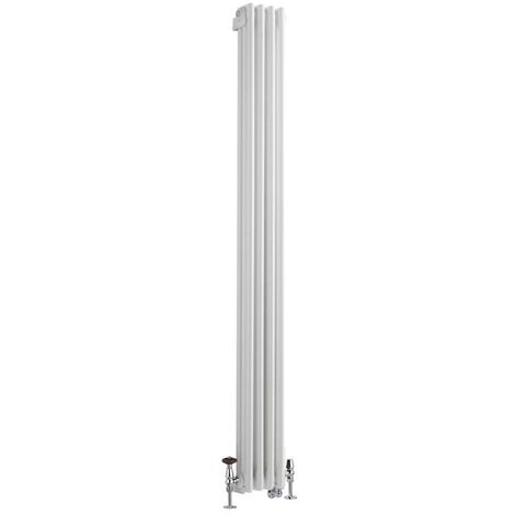 Milano Windsor - Traditional Cast Iron Style White Vertical Triple Column Dual Fuel Electric Radiator with Brass Angled Thermostatic Valves - 1800mm x 200mm