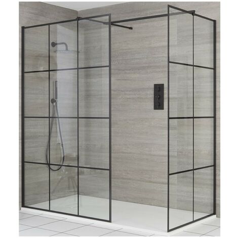 Milano Barq Black Corner Walk In Wet Room Shower Enclosure with Grid Pattern Screens  Support Arms and White Slate Effect Tray - 1800mm x 900mm (1/5)