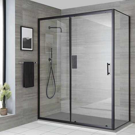 Milano Nero - Reversible Corner Wet Room Walk In Shower Enclosure with Sliding Door and 1200mm x 800mm Light Grey Slate Effect Tray with Fast Flow Waste - Black