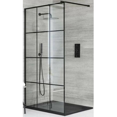 Milano Barq Black Walk In Wet Room Shower Enclosure with Grid Pattern Screen  Support Arm and Graphite Slate Effect Tray - 800mm x 800mm