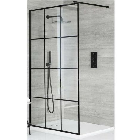 Milano Barq Black Walk In Wet Room Shower Enclosure with Grid Pattern Screen  Support Arm and White Slate Effect Tray - 800mm x 800mm
