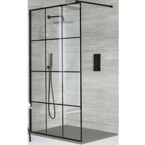 Milano Barq Black Walk In Wet Room Shower Enclosure with Grid Pattern Screen  Support Arm and Light Grey Slate Effect Tray - 800mm x 800mm