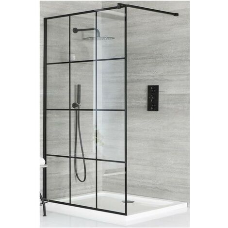 Milano Barq Walk In Wet Room Shower Enclosure with Black Grid Pattern Screen Support Arm and White Tray - 700mm x 700mm (1/4)