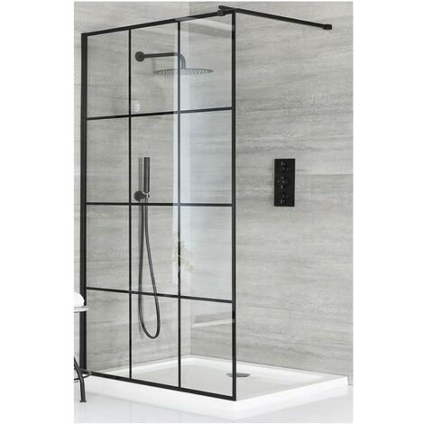 Milano Barq - Walk In Wet Room Shower Enclosure with Grid Pattern Screen&#44; Support Arm and 760mm x 760mm White Tray - Black