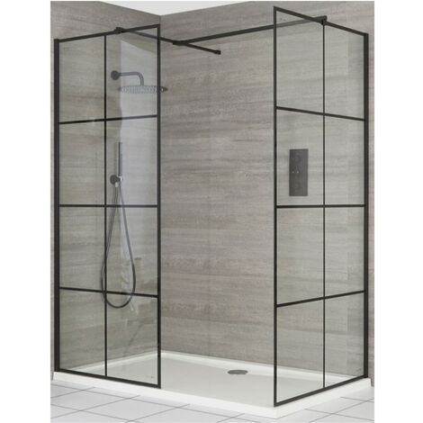 Milano Barq - Corner Walk In Wet Room Shower Enclosure with Black Grid ...