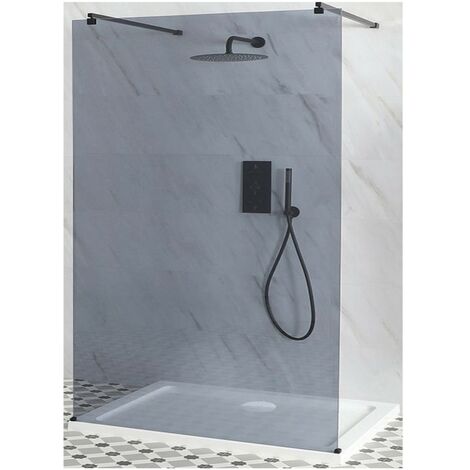 Milano Nero-Luna - Floating Walk In Frameless Wet Room Shower Enclosure with Smoked Glass Screen&#44; Support Arms and 1200mm x 800mm White Tray - Black