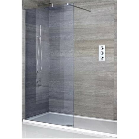 Milano Portland-Luna - Recessed Walk In Frameless Wet Room Shower Enclosure with Smoked Glass Screen&#44; Support Arm and 1100mm x 800mm White Tray - Chrome