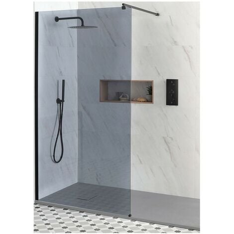 Milano Nero-Luna - Recessed Walk In Frameless Wet Room Shower Enclosure with Smoked Glass Screen&#44; Support Arm and 1100mm x 700mm Light Grey Slate Effect Tray - Black