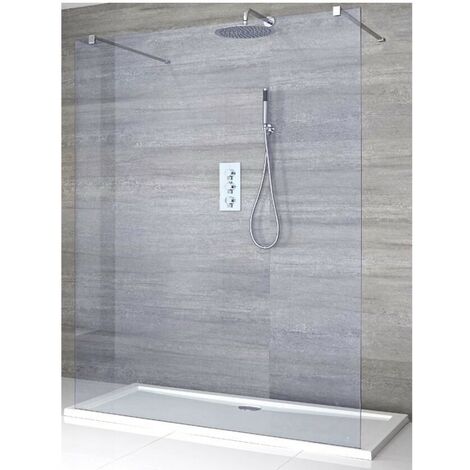 Milano Portland-Luna Chrome Floating Walk In Frameless Wet Room Shower Enclosure with Smoked Glass Screen  Support Arms and White Tray - 1400mm x 900mm