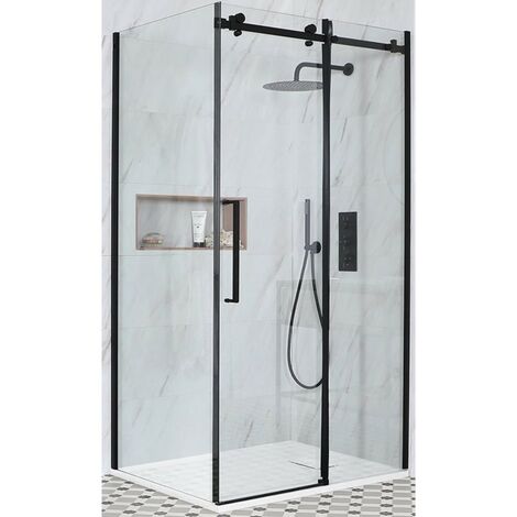 Milano Nero - Black Reversible Corner Frameless Sliding Door Shower Enclosure with White Slate Effect Tray and Fast Flow Waste - 1400mm x 800mm (1/5)