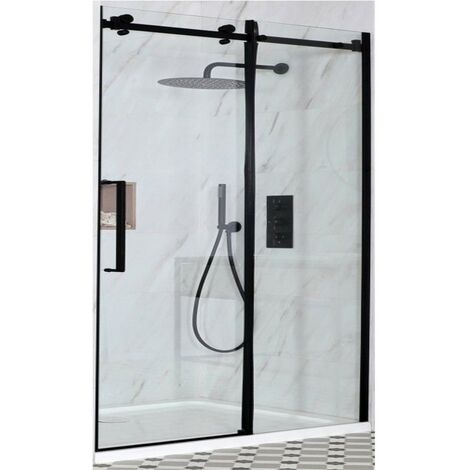 Milano Nero - Black Reversible Frameless Sliding Door Shower Enclosure and White Tray with Fast Flow Waste - 1200mm x 800mm (1/5)