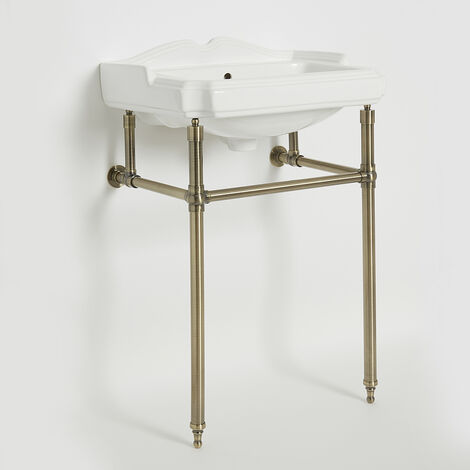 Milano Windsor - Traditional White Ceramic Bathroom Basin Sink with One Tap Hole and Brushed Gold Washstand - 590mm x 495mm