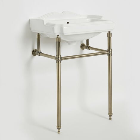 Milano Windsor - Traditional White Ceramic Bathroom Basin Sink with Three Tap Holes and Brushed Gold Washstand - 590mm x 495mm