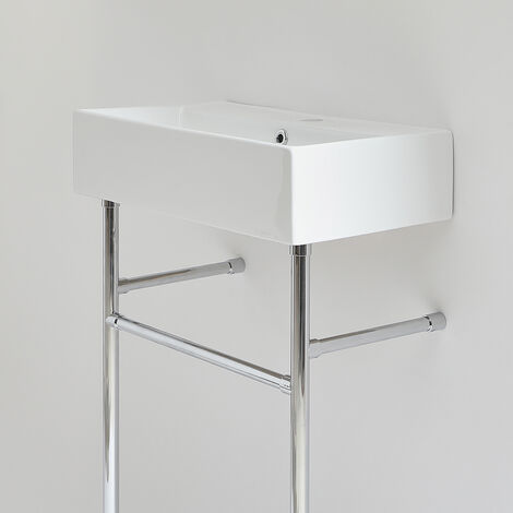 Milano Elswick White Ceramic Bathroom Basin Sink with One Tap Hole and Chrome Washstand - 605mm x 430mm