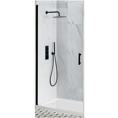 Milano Nero Black Walk In Wet Room Hinged Door Shower Enclosure and White Tray with Fast Flow Waste - 900mm x 760mm (1/5)