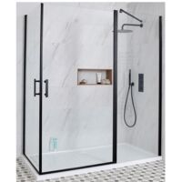 Milano Nero Black Corner Walk In Wet Room Hinged Door Shower Enclosure with White Tray and Fast Flow Waste - 1100mm x 700mm