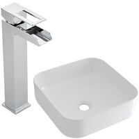 Milano Rivington - Modern White Ceramic 400mm Square Countertop Bathroom Basin Sink and High Rise Waterfall Mono Basin Mixer Tap