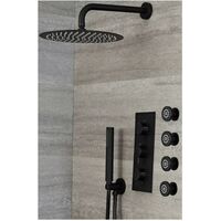 Milano Nero - Modern 3 Outlet Triple Diverter Thermostatic Mixer Shower Valve with Wall Mounted 300mm Round Rainfall Shower Head&#44; Hand Shower Handset Kit and Body Jets - Black