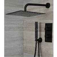 Milano Nero - Modern 2 Outlet Twin Diverter Thermostatic Mixer Shower Valve with Wall Mounted 300mm Square Rainfall Shower Head and Hand Shower Handset Kit - Black