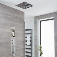Milano Lisse - Modern Concealed Shower Tower Panel with 400mm Square Ceiling Mounted Recessed Rainfall Shower Head, Hand Shower Handset and Body Jet – Chrome