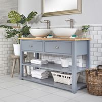 Milano Henley - Light Grey and Oak 1240mm Traditional Bathroom Cloakroom Vanity Unit with Two Round Countertop Basins