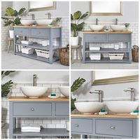 Milano Henley - Light Grey and Oak 1240mm Traditional Bathroom Cloakroom Vanity Unit with Two Round Countertop Basins