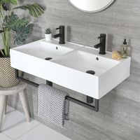 Milano Elswick - Modern White Ceramic Double Wall Hung Bathroom Basin Sink with Two Tap Holes and Black Towel Rail - 820mm x 420mm