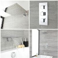 Milano Arvo - Modern 2 Outlet Triple Thermostatic Mixer Shower Valve with 300mm Wall Mounted Square Rainfall Shower Head and Waterfall Bath Filler Tap - Chrome