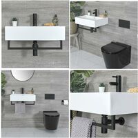 Milano Elswick - Modern White Ceramic Wall Hung Bathroom Basin Sink with One Tap Hole and Black Towel Rail - 600mm x 420mm