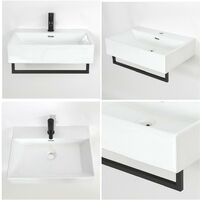 Milano Elswick - Modern White Ceramic Wall Hung Bathroom Basin Sink with One Tap Hole and Black Towel Rail - 600mm x 420mm