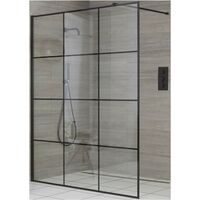 Milano Barq 800mm Black Recessed Walk In Wet Room Shower Enclosure with Grid Pattern Screen and Support Arm - No Shower Drain